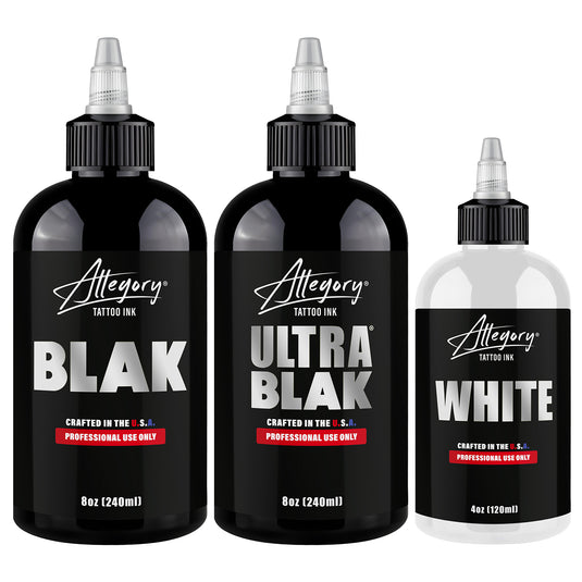 Allegory Everyday Bundle - 8oz BLAK, 8oz Ultra Blak and 4oz White tattoo ink bottles | Allegory Ink