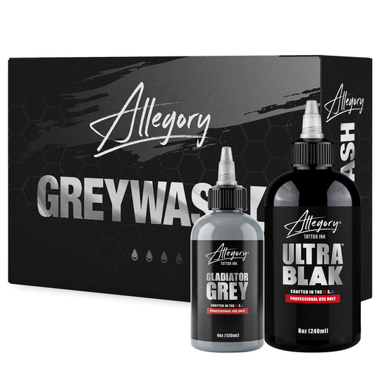 Allegory Greywash Pro Pack - Greywash Set box with 4oz Gladiator Grey and 8oz Ultra Blak tattoo inks | Allegory Ink