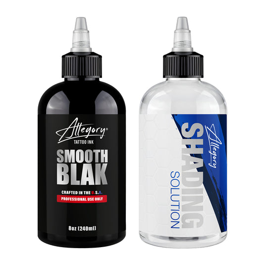 Allegory Smooth Blak and Shading Solution bundle - 8oz Smooth Blak and 8oz Shading Solution tattoo ink bottles | Allegory Ink