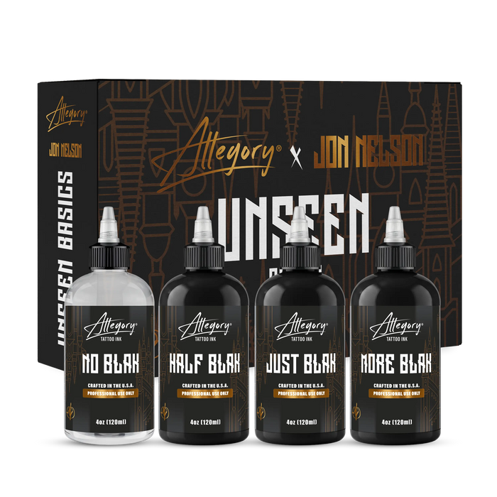 Jon Nelson Unseen Basics Set four-bottle black and grey tattoo ink set with box | Mobile Allegory Ink