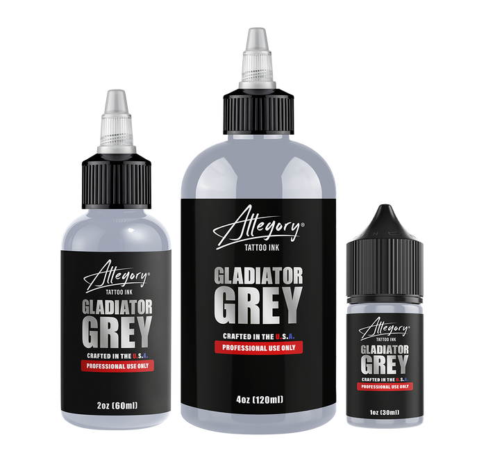 Gladiator Grey professional tattoo ink bottles in 1oz, 2oz, and 4oz sizes