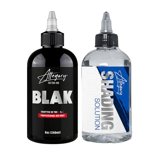 Allegory Ink bundle with 8oz BLAK black tattoo ink and 8oz shading solution bottles