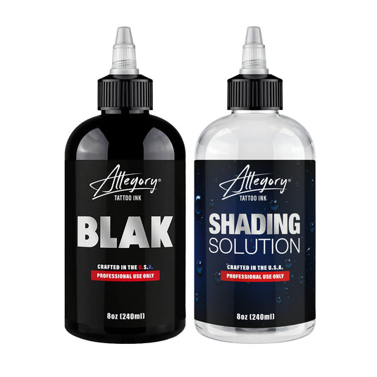 Allegory Ink bundle with 8oz BLAK black tattoo ink and 8oz shading solution bottles | Allegory Ink