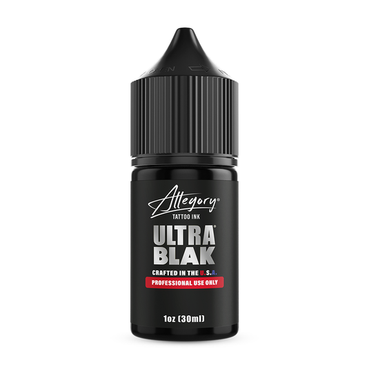 Black bottle of Allegory Ultra Blak tattoo ink on a white background | Allegory Ink