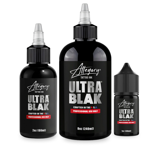 Allegory Ink Ultra Blak black tattoo ink bottles in multiple sizes | Allegory Ink