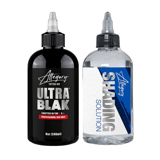 Allegory Ink bundle with 8oz ULTRA BLAK black tattoo ink and 8oz shading solution bottles