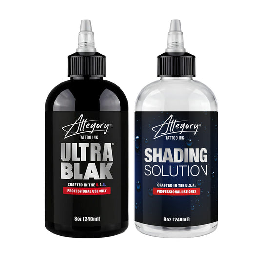 Allegory Ink bundle with 8oz ULTRA BLAK black tattoo ink and 8oz shading solution bottles | Allegory Ink