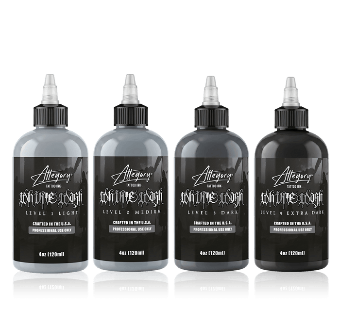 Gladiator Grey professional tattoo ink bottles in 1oz, 2oz, and 4oz sizes