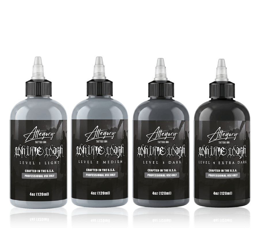 Gladiator Grey professional tattoo ink bottles in 1oz, 2oz, and 4oz sizes