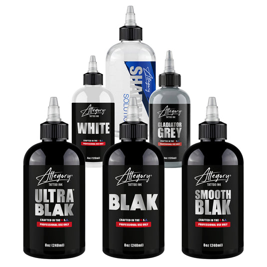 Allegory Everything Kit - Ultra Blak, BLAK, Smooth Blak, White, Shading Solution and Gladiator Grey tattoo inks | Allegory Ink