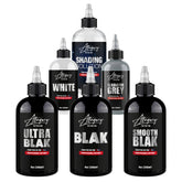 Allegory Everything Kit - Ultra Blak, BLAK, Smooth Blak, White, Shading Solution and Gladiator Grey tattoo inks