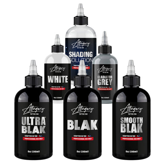 Allegory Everything Kit - Ultra Blak, BLAK, Smooth Blak, White, Shading Solution and Gladiator Grey tattoo inks | Allegory Ink