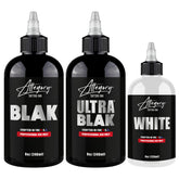 Allegory Everyday Bundle - 8oz BLAK, 8oz Ultra Blak and 4oz White tattoo ink bottles 