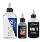 Allegory Highlight Bundle - 8oz Shading Solution, 2oz Gladiator Grey and 4oz White tattoo ink bottles