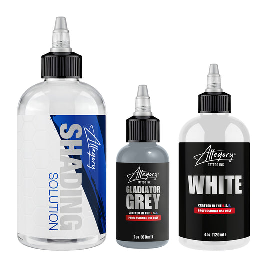 Allegory Highlight Bundle - 8oz Shading Solution, 2oz Gladiator Grey and 4oz White tattoo ink bottles | Allegory Ink