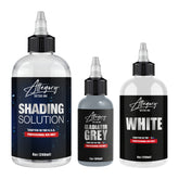 Allegory Highlight Bundle - 8oz Shading Solution, 2oz Gladiator Grey and 4oz White tattoo ink bottles