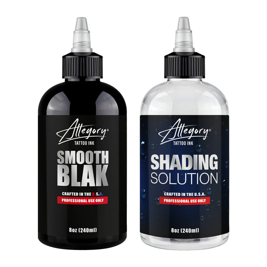 Allegory Smooth Blak and Shading Solution bundle - 8oz Smooth Blak and 8oz Shading Solution tattoo ink bottles | Allegory Ink