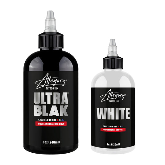 Allegory Ultra Blak and White bundle - 8oz Ultra Blak and 4oz White tattoo ink bottles | Allegory Ink