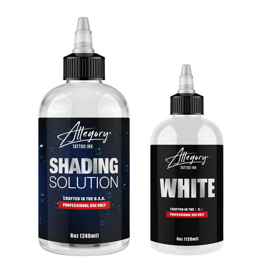 Allegory White and Shading Solution bundle - 8oz Shading Solution and 4oz White tattoo ink bottles | Allegory Ink