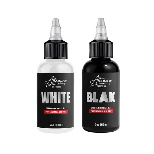Allegory Ink bundle with 2oz BLAK black tattoo ink and 2oz white tattoo ink bottles