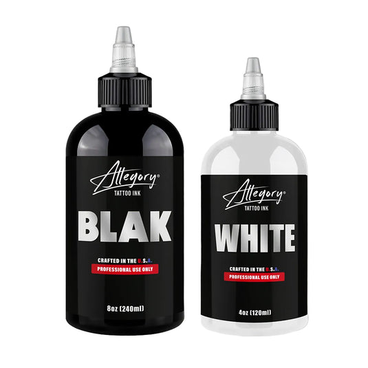 Allegory Ink bundle with 8oz BLAK black tattoo ink and 4oz white tattoo ink bottles