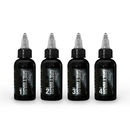 Four bottles of Greywash tattoo ink on a white background | Allegory Ink