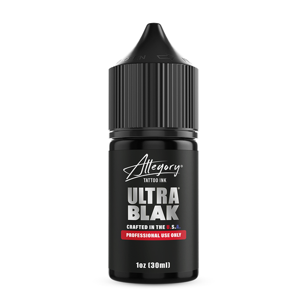 Black bottle of Allegory Ultra Blak tattoo ink on a white background