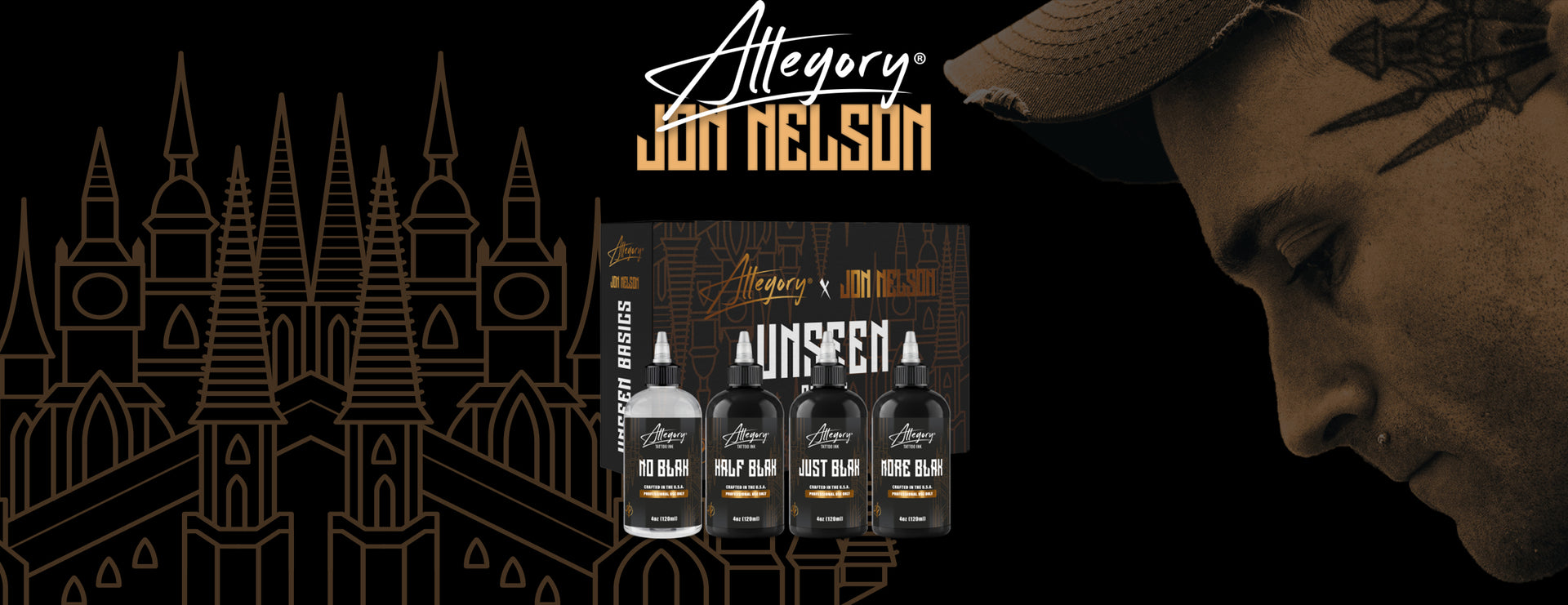 Jon Nelson Unseen Basics Set hero: gold castle linework, Allegory x Jon Nelson lockup, product set and Jon Nelson portrait