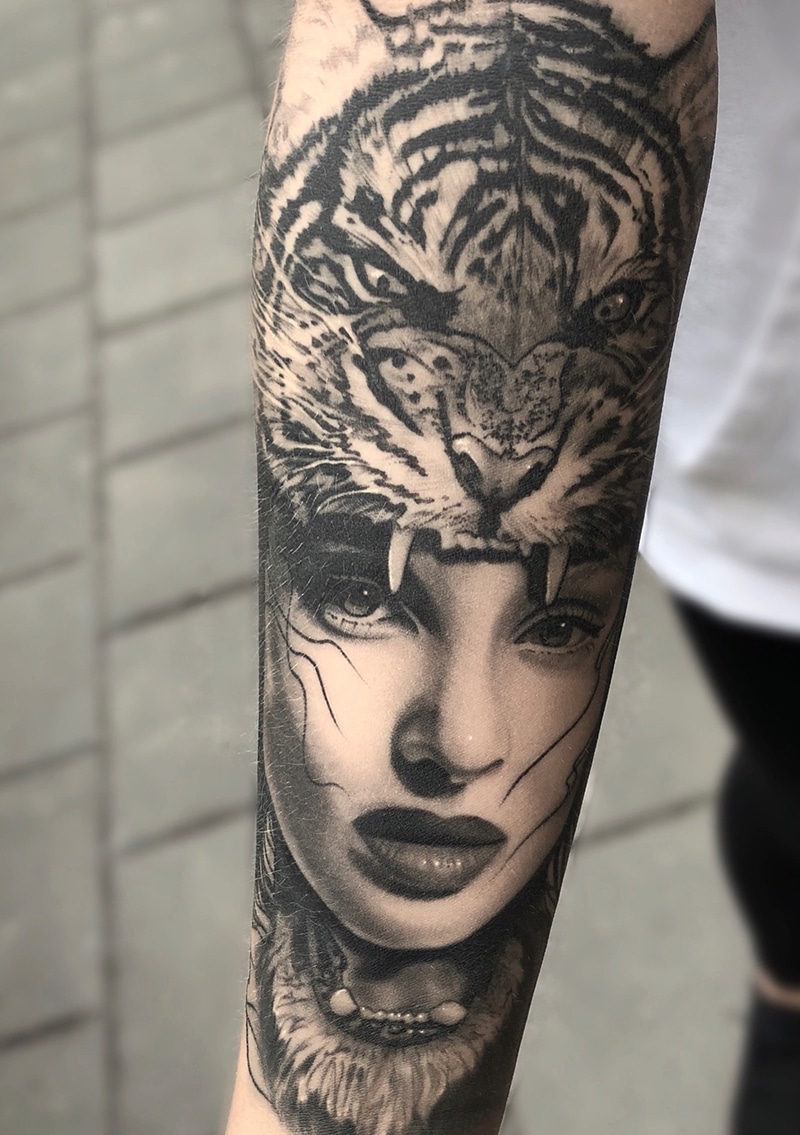 Tiger Head dress Girl Tattoo - Allegory Ink